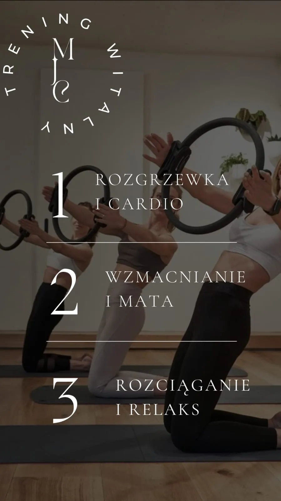 Plan Treningu Witalnego Metody Jedz i Ćwicz: 1. rozgrzewka i cardio, 2. wzmacnianie i mata, 3. rozciąganie i relaks – kobiety ćwiczą z kołami do pilatesu